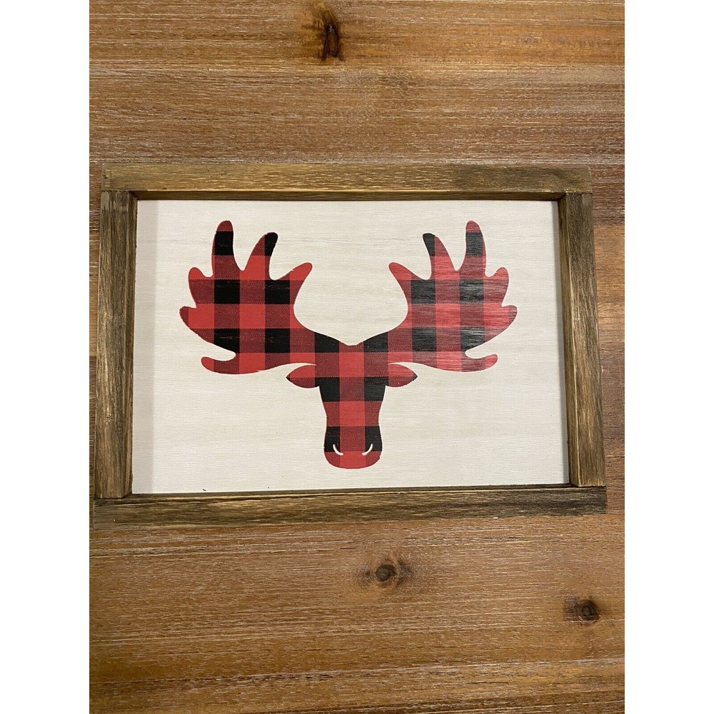 Wooden Sign Wall Decor Farmhouse Moose Head Red & Black Plaid Rustic looking.